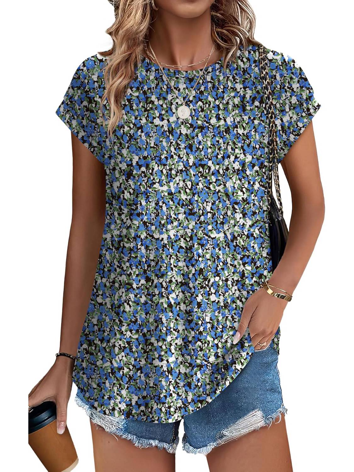 ✨Womens Printing Dressy Casual Cap Sleeve Tops with Curved Hem(Buy 3 Free Shipping)