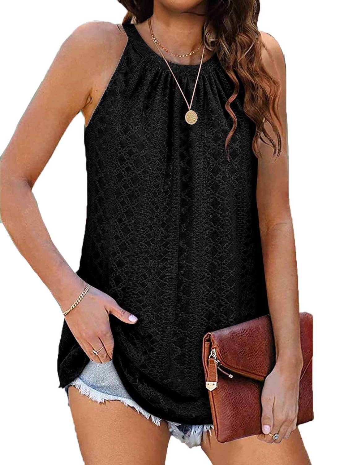 ✨Women Casual Pleated Eyelet Loose Fit High Neck Sleeveless Halter Tank Tops(Buy 3 Free Shipping)