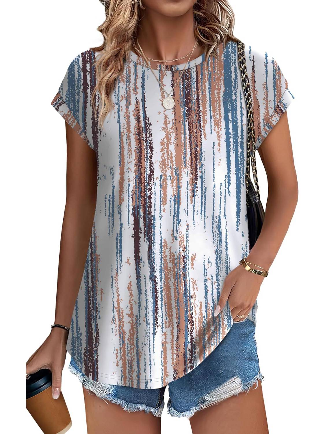 ✨Womens Printing Dressy Casual Cap Sleeve Tops with Curved Hem(Buy 3 Free Shipping)
