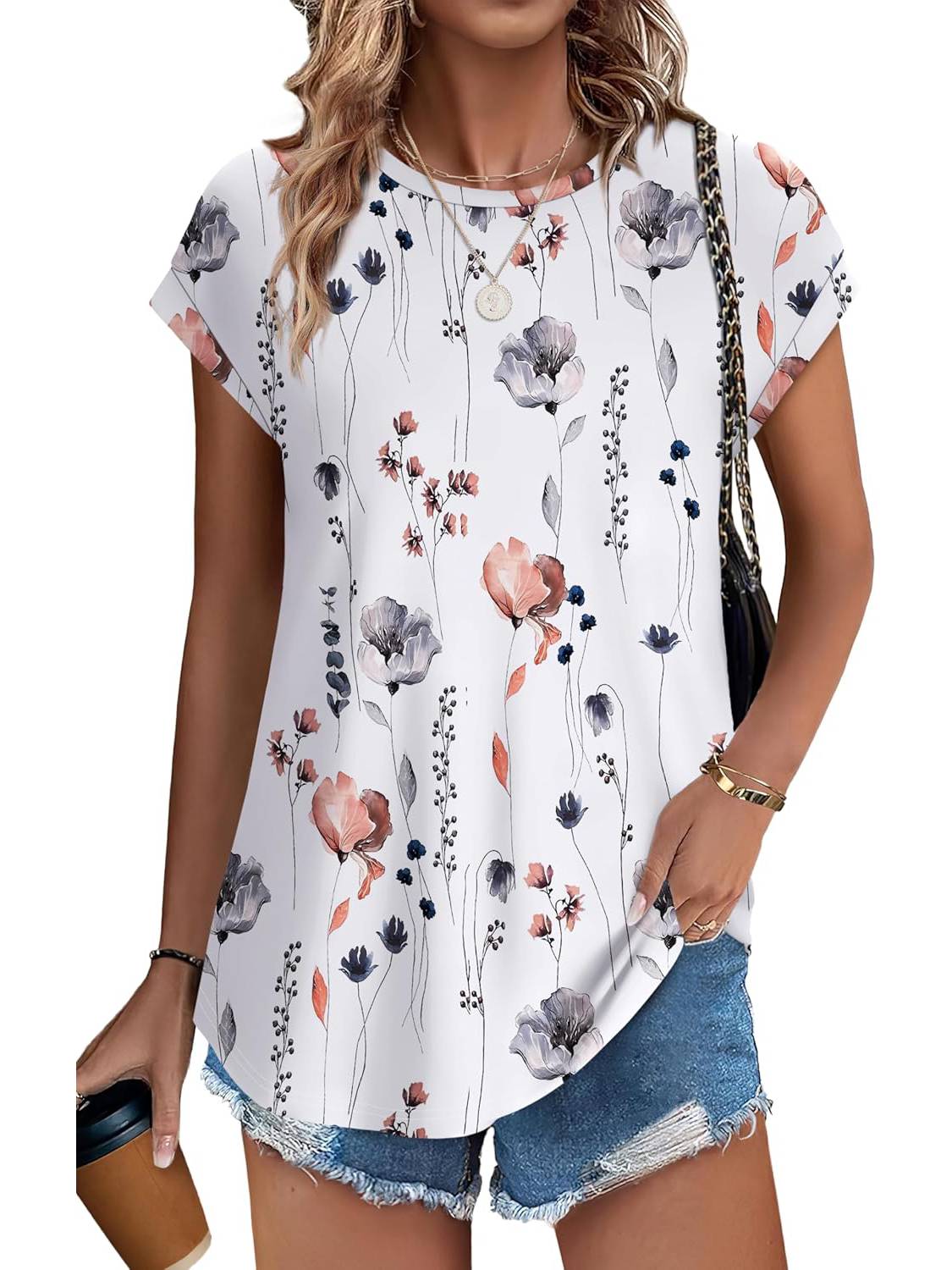 ✨Womens Printing Dressy Casual Cap Sleeve Tops with Curved Hem(Buy 3 Free Shipping)