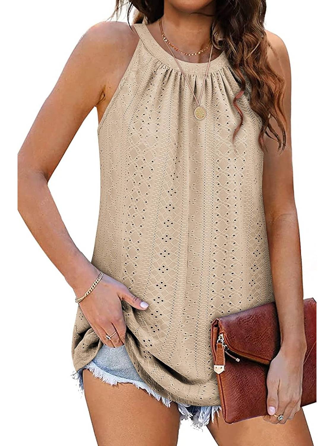✨Women Casual Pleated Eyelet Loose Fit High Neck Sleeveless Halter Tank Tops(Buy 3 Free Shipping)