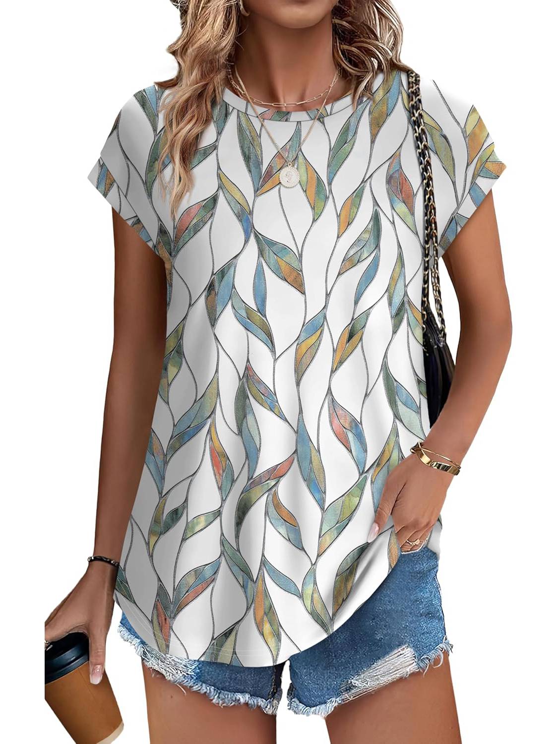 ✨Womens Printing Dressy Casual Cap Sleeve Tops with Curved Hem(Buy 3 Free Shipping)
