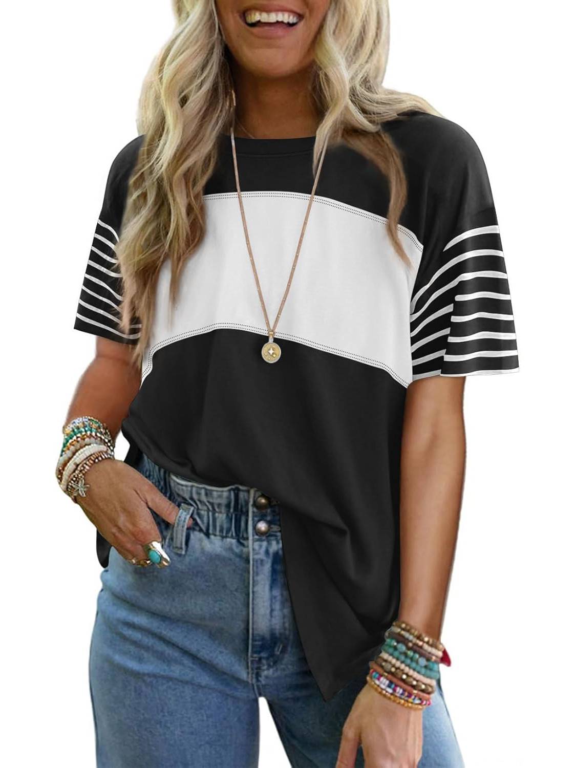 ✨Womens Oversized Crewneck Casual Color Block Striped Shirts Blouses(Buy 3 Free Shipping)