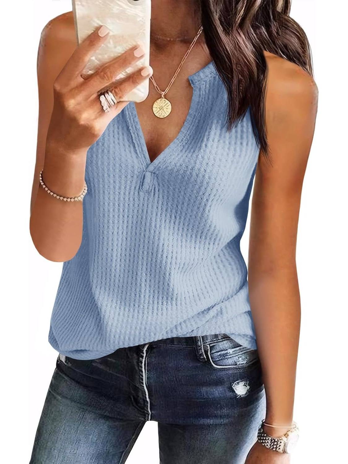 ✨Womens V Neck Waffle Knit Summer Casual Sleeveless Loose Tank Tops(Buy 3 Free Shipping)