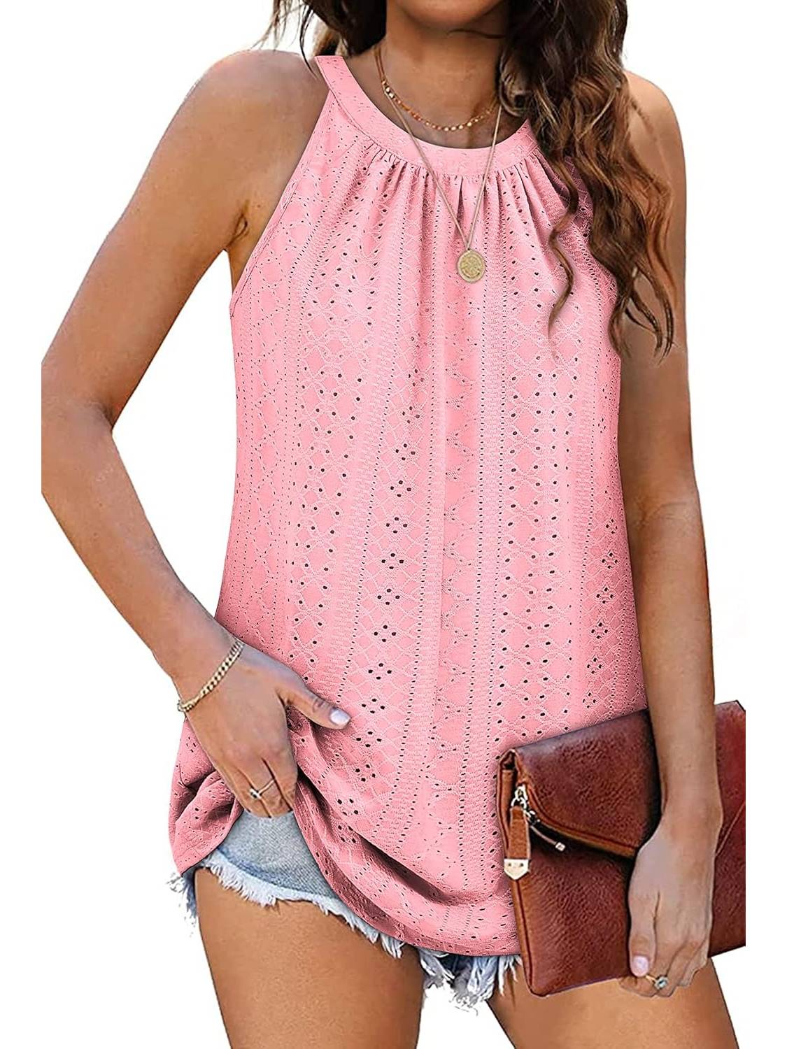 ✨Women Casual Pleated Eyelet Loose Fit High Neck Sleeveless Halter Tank Tops(Buy 3 Free Shipping)