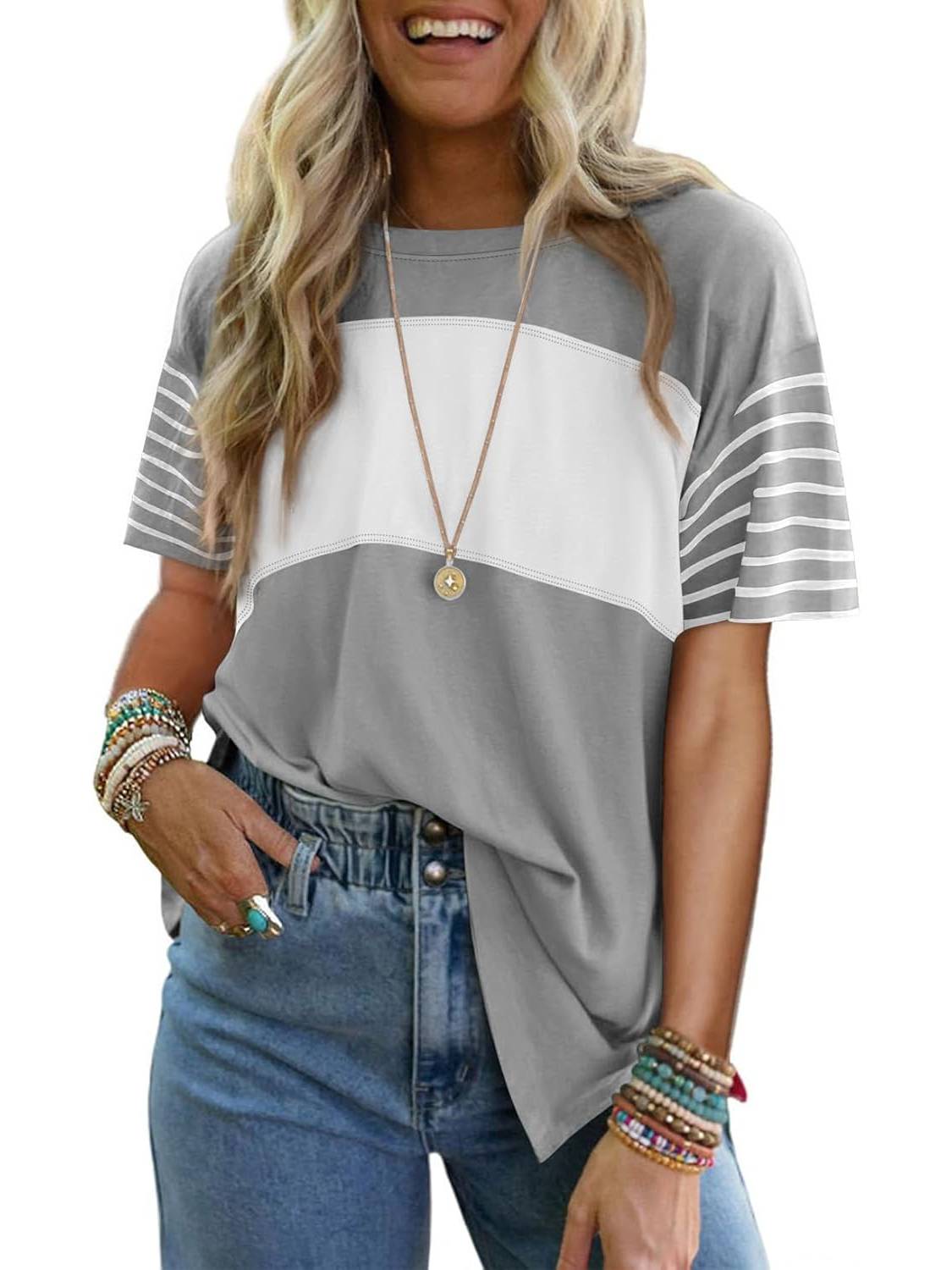 ✨Womens Oversized Crewneck Casual Color Block Striped Shirts Blouses(Buy 3 Free Shipping)