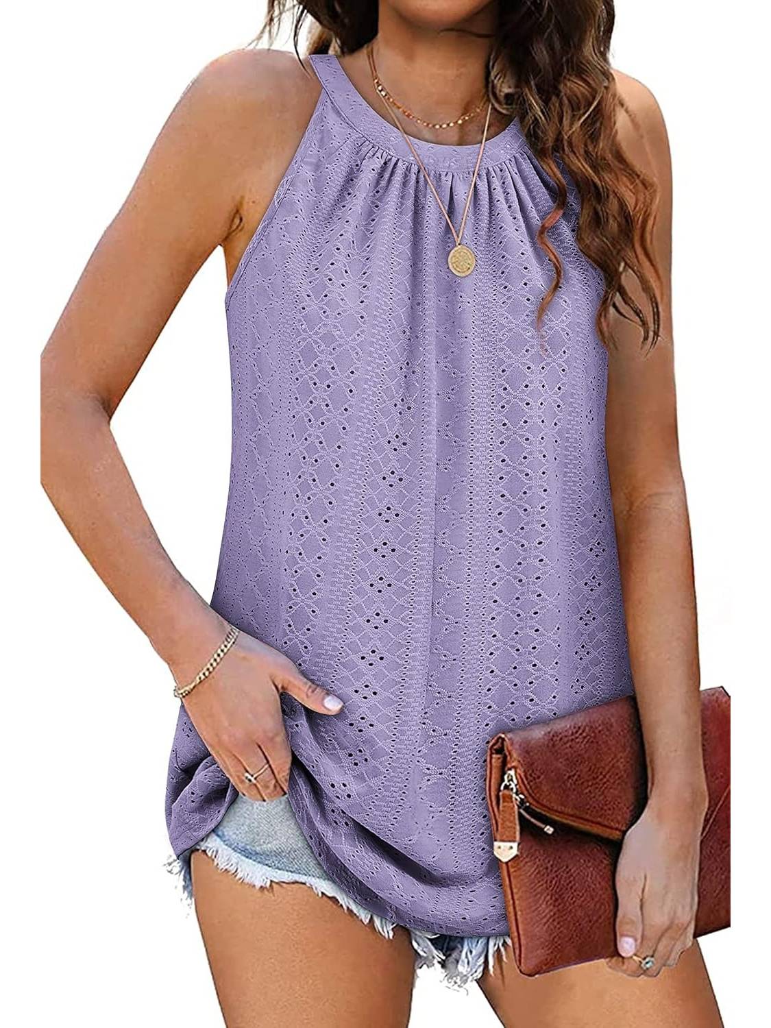 ✨Women Casual Pleated Eyelet Loose Fit High Neck Sleeveless Halter Tank Tops(Buy 3 Free Shipping)