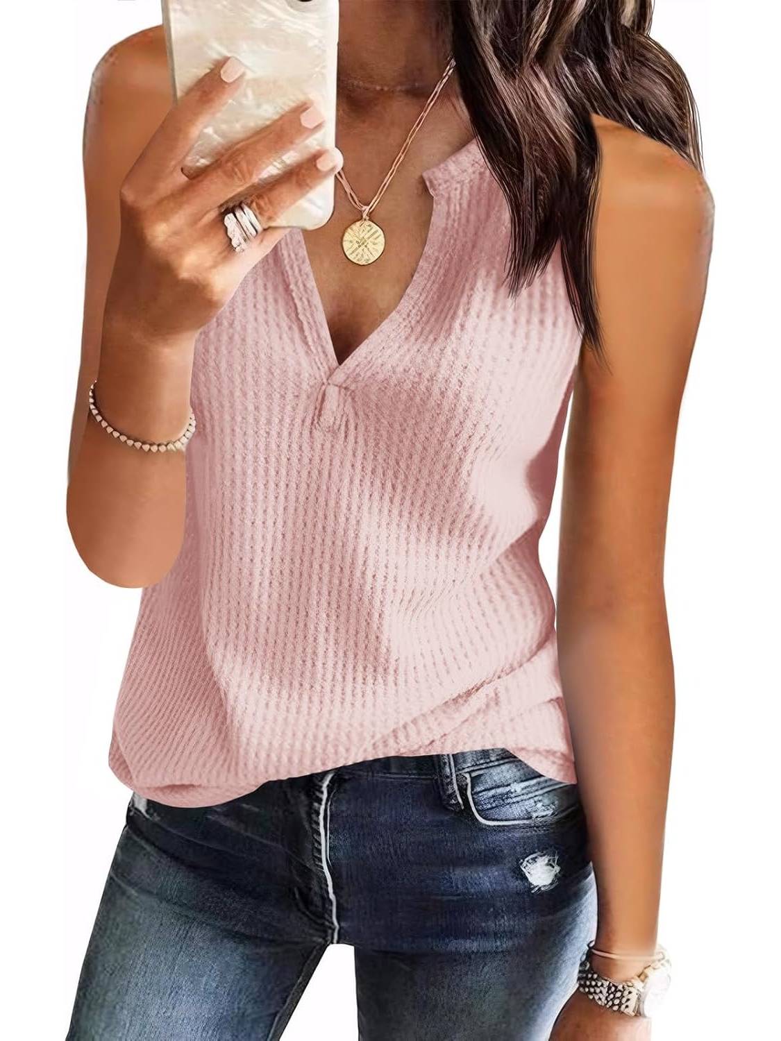 ✨Womens V Neck Waffle Knit Summer Casual Sleeveless Loose Tank Tops(Buy 3 Free Shipping)