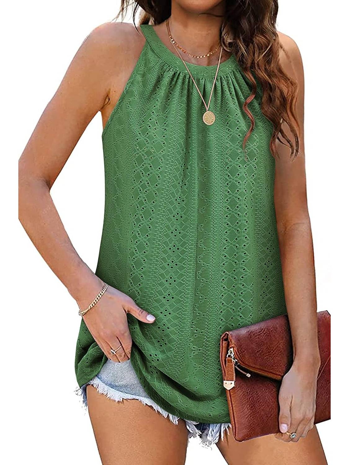 ✨Women Casual Pleated Eyelet Loose Fit High Neck Sleeveless Halter Tank Tops(Buy 3 Free Shipping)