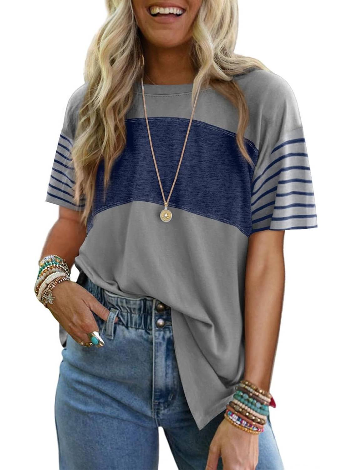✨Womens Oversized Crewneck Casual Color Block Striped Shirts Blouses(Buy 3 Free Shipping)