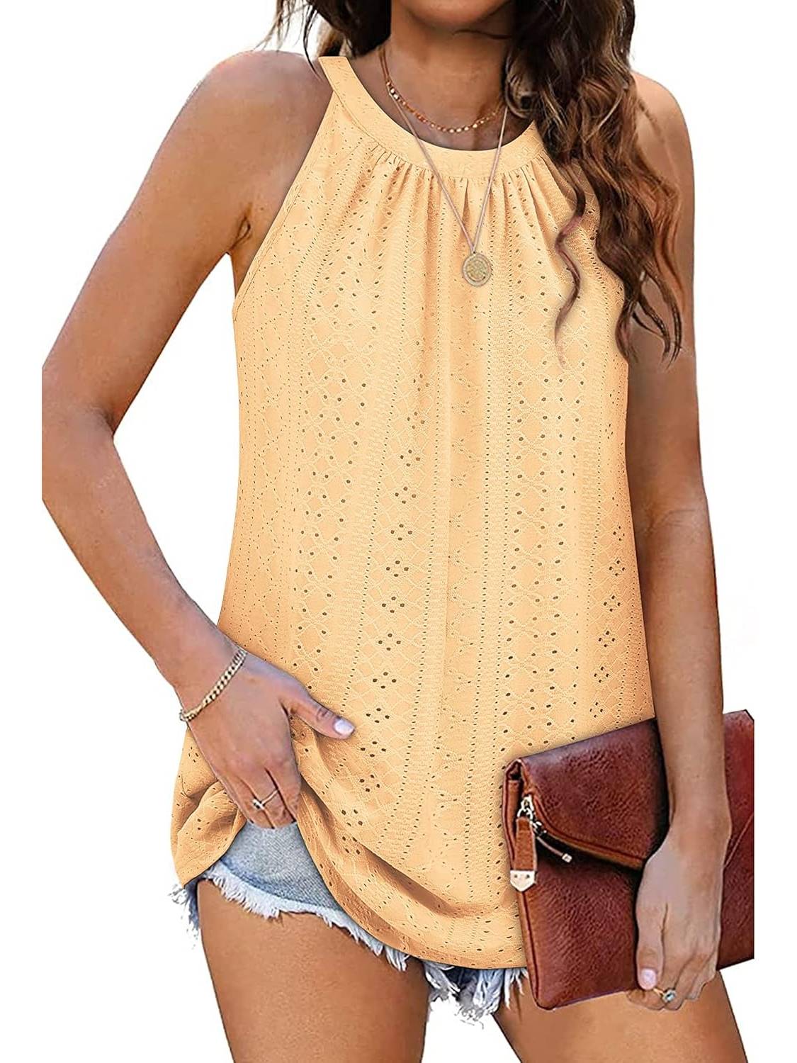 ✨Women Casual Pleated Eyelet Loose Fit High Neck Sleeveless Halter Tank Tops(Buy 3 Free Shipping)