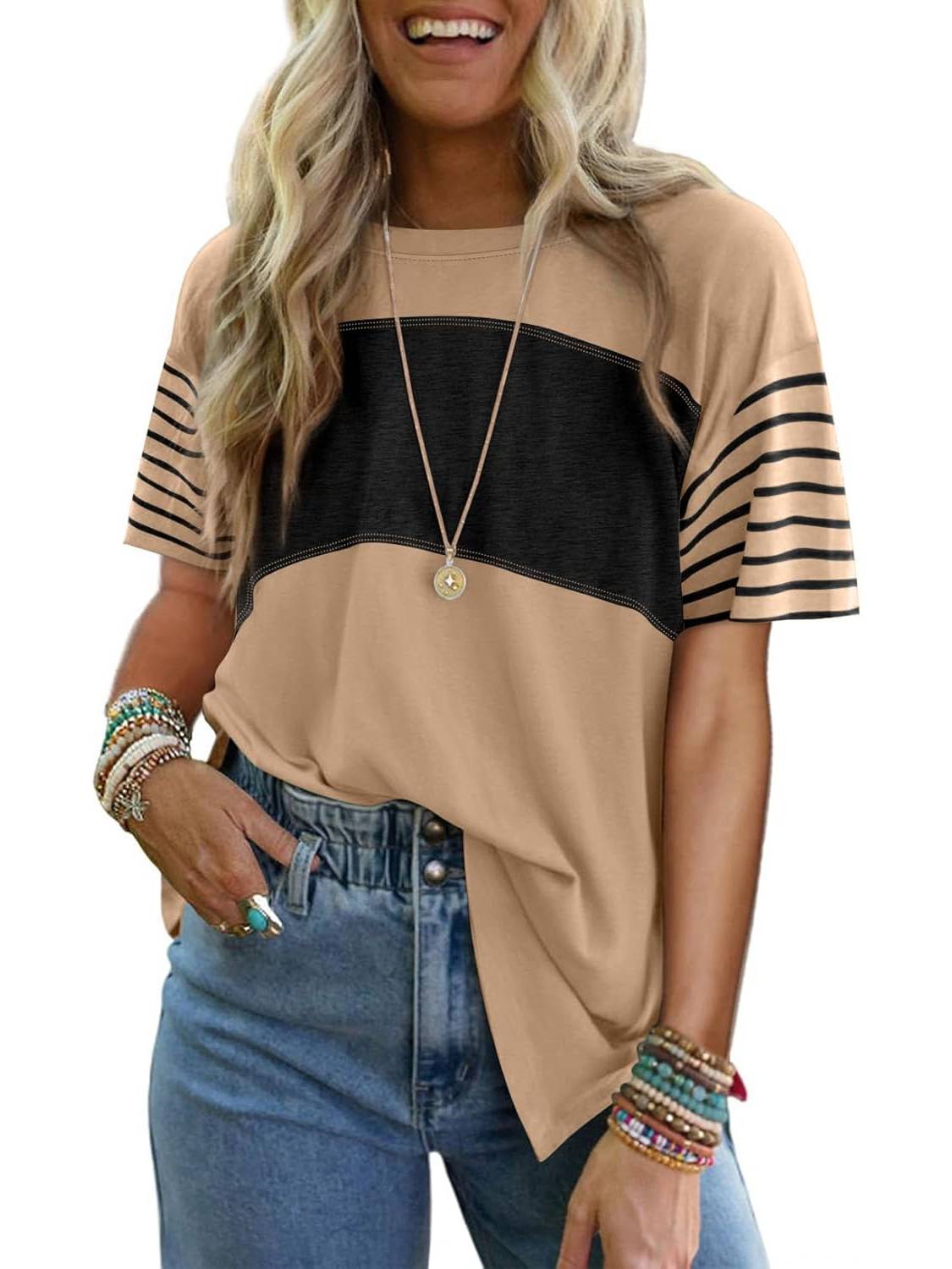 ✨Womens Oversized Crewneck Casual Color Block Striped Shirts Blouses(Buy 3 Free Shipping)