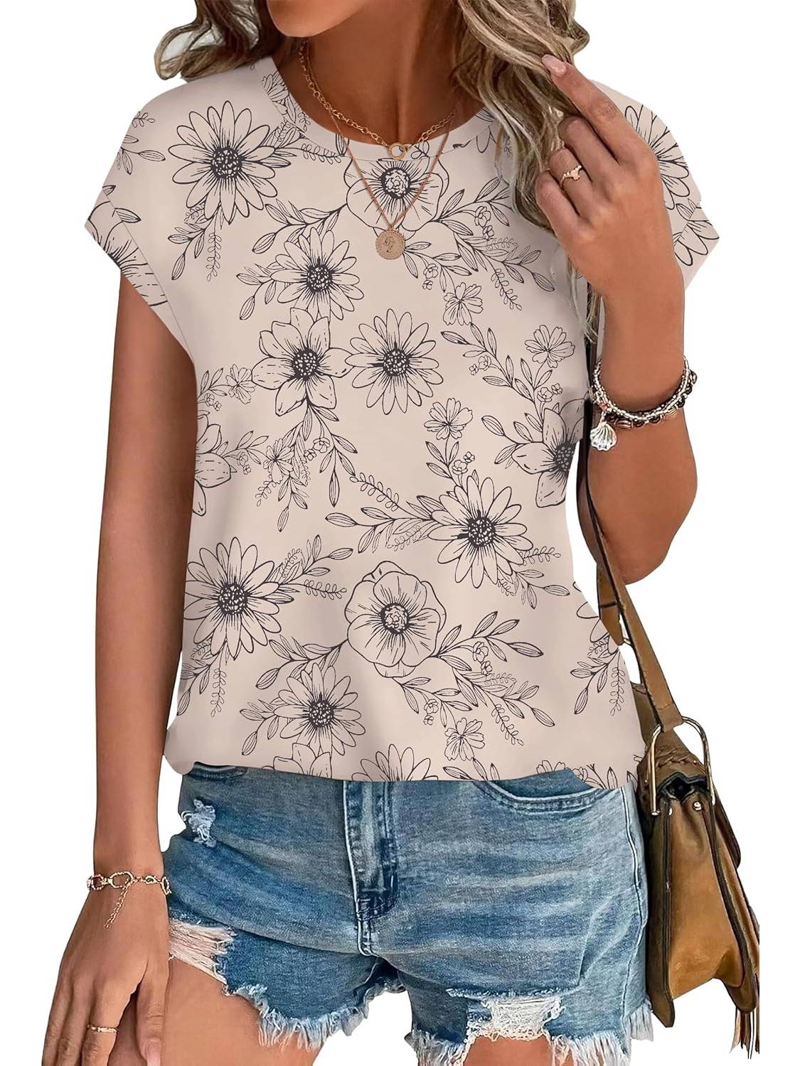 ✨Womens Printing Dressy Casual Cap Sleeve Tops with Curved Hem(Buy 3 Free Shipping)