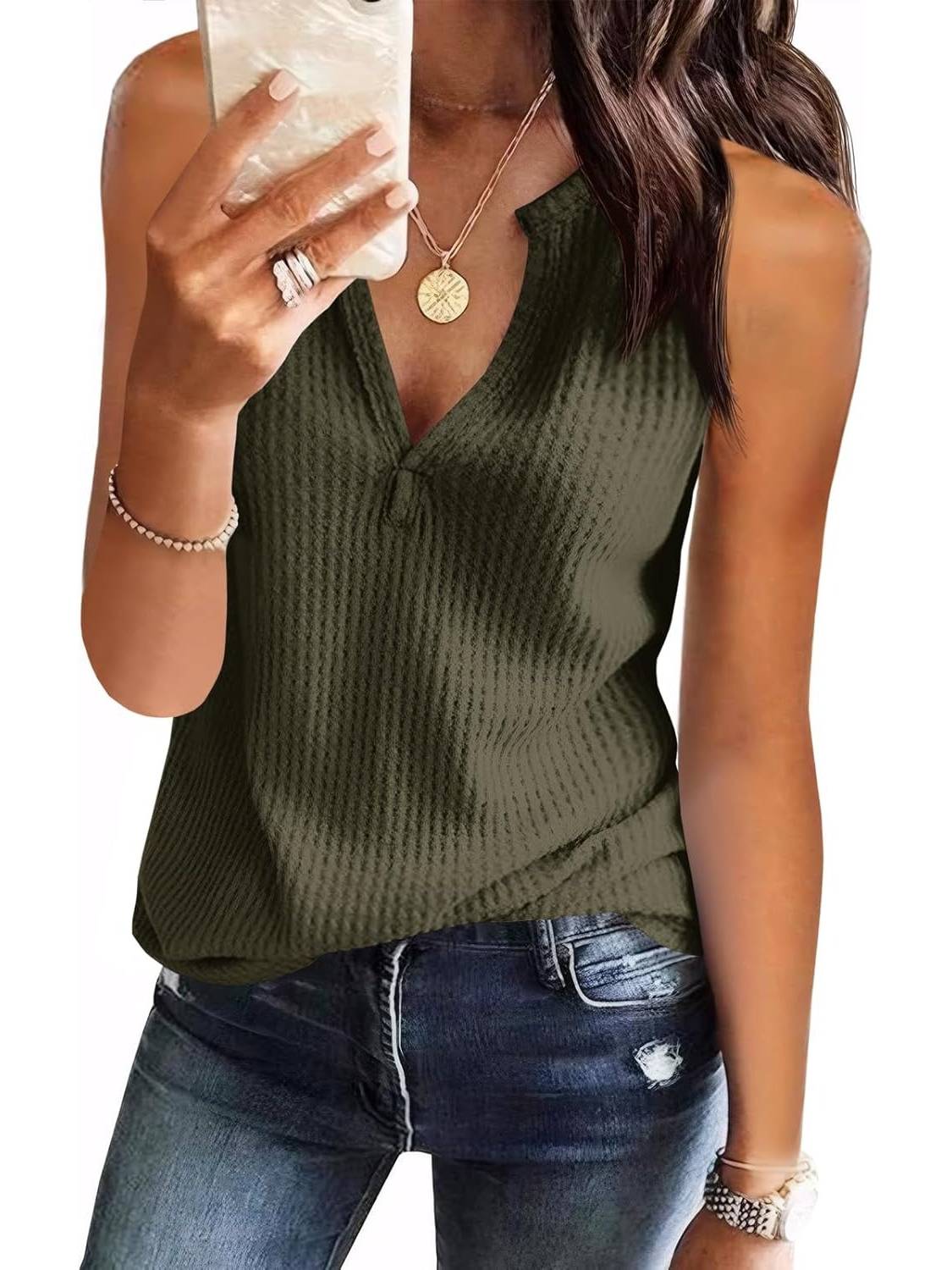 ✨Womens V Neck Waffle Knit Summer Casual Sleeveless Loose Tank Tops(Buy 3 Free Shipping)