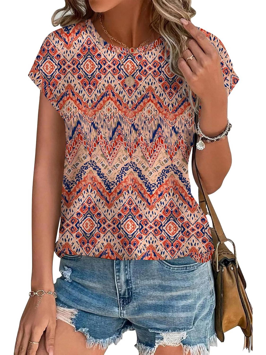 ✨Womens Printing Dressy Casual Cap Sleeve Tops with Curved Hem(Buy 3 Free Shipping)