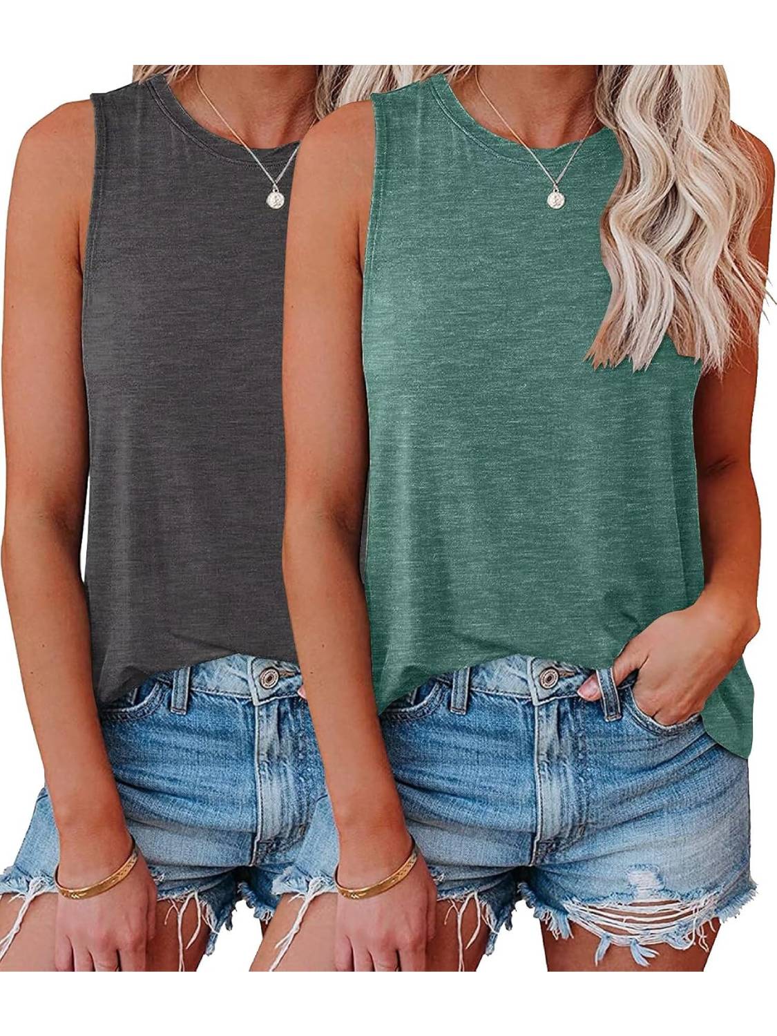 ✨Womens Crew Neck Sleeveless Loose Fit Casual 2 Pack Tank Tops (Buy 3 Free Shipping)