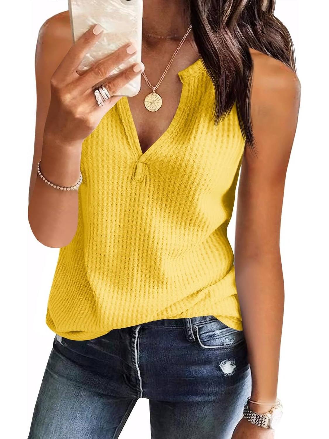 ✨Womens V Neck Waffle Knit Summer Casual Sleeveless Loose Tank Tops(Buy 3 Free Shipping)