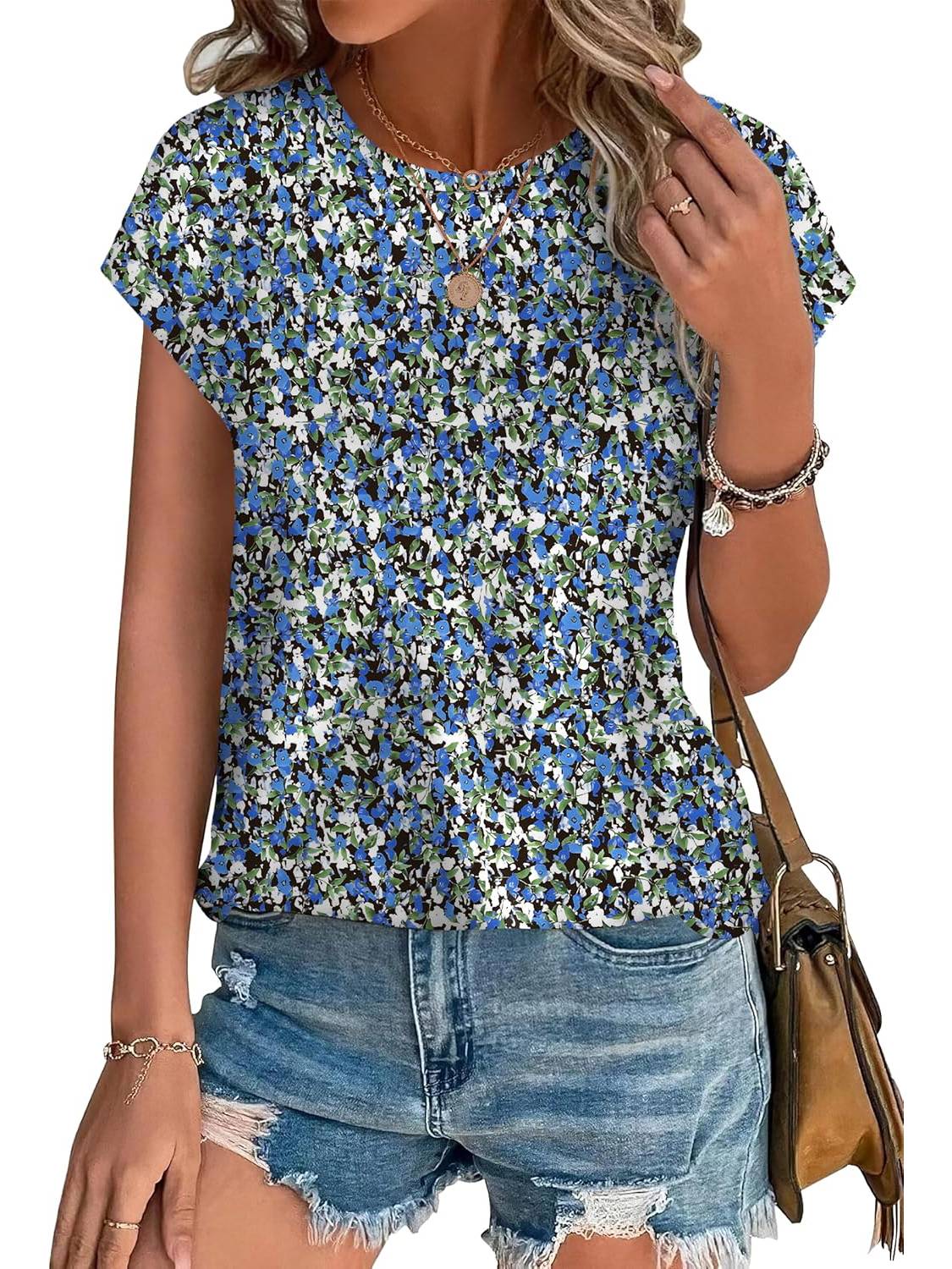 ✨Womens Printing Dressy Casual Cap Sleeve Tops with Curved Hem(Buy 3 Free Shipping)