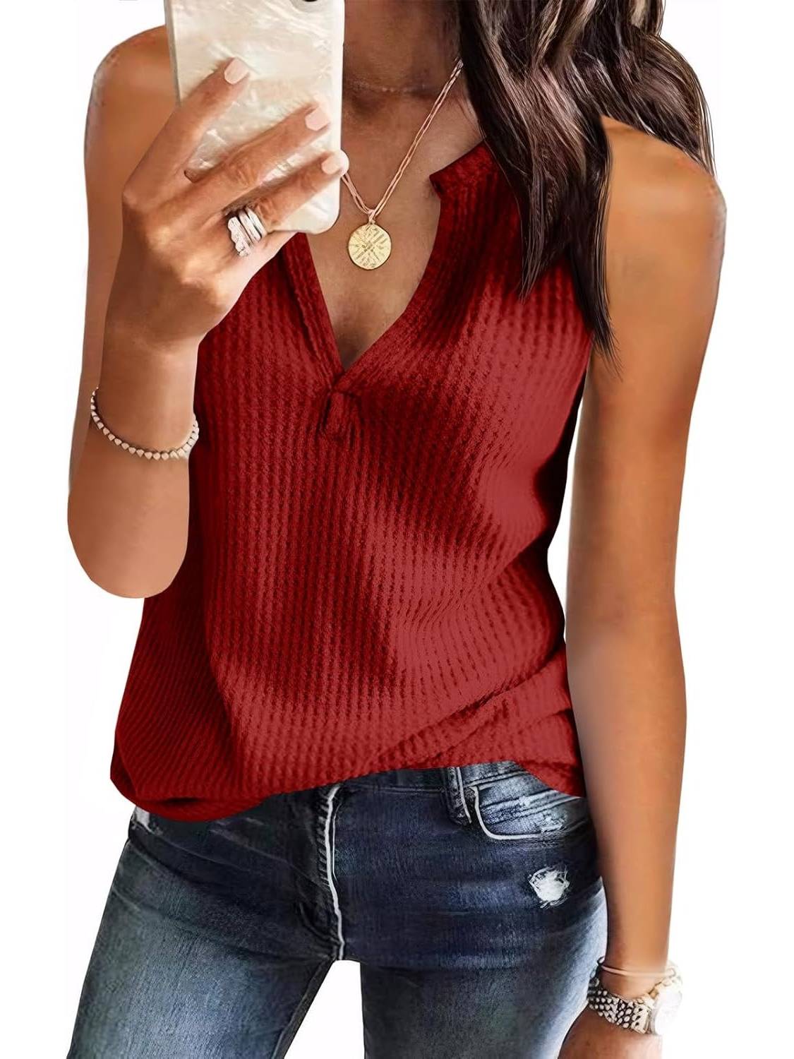✨Womens V Neck Waffle Knit Summer Casual Sleeveless Loose Tank Tops(Buy 3 Free Shipping)