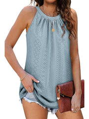 ✨Women Casual Pleated Eyelet Loose Fit High Neck Sleeveless Halter Tank Tops(Buy 3 Free Shipping)