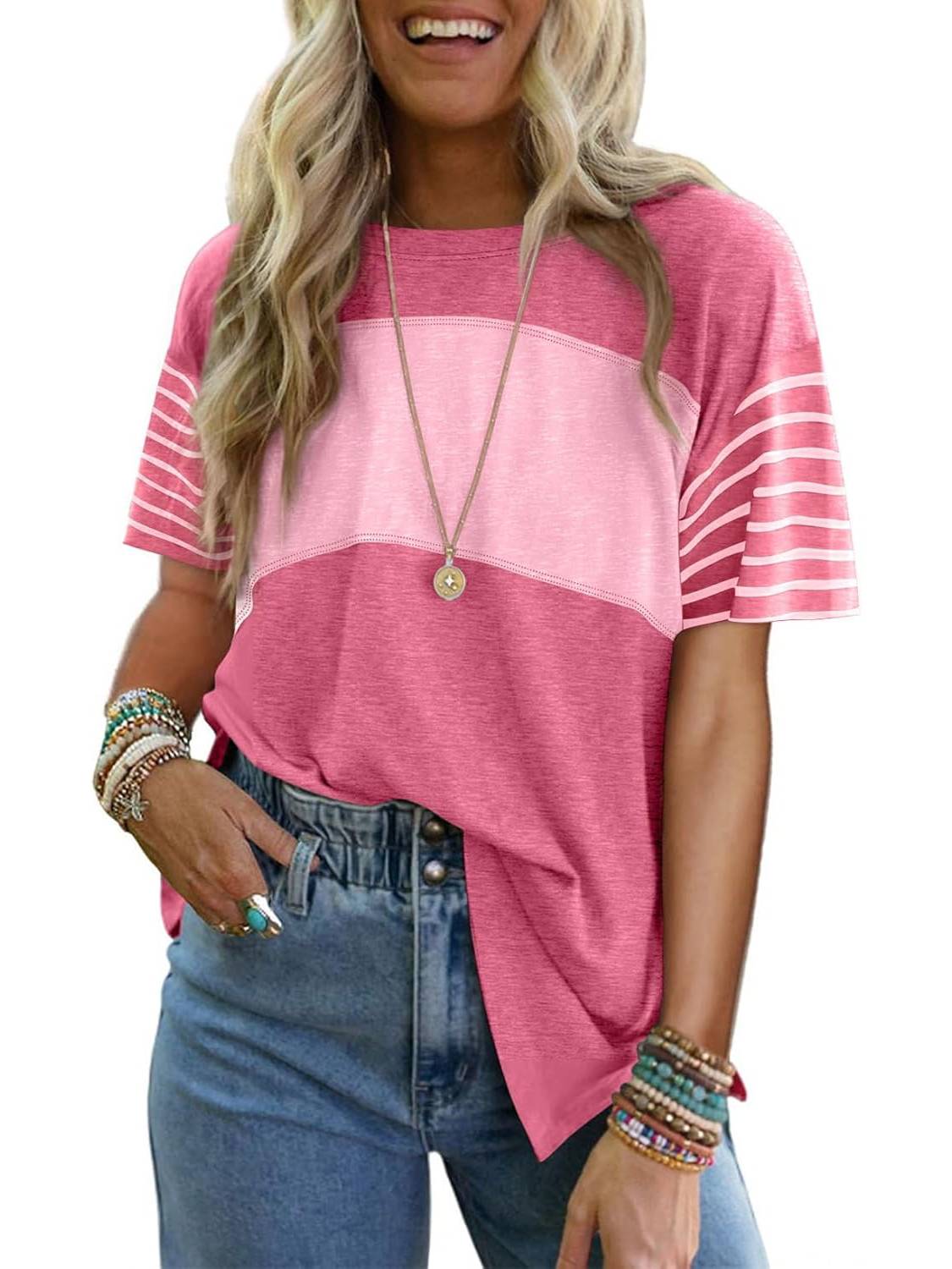 ✨Womens Oversized Crewneck Casual Color Block Striped Shirts Blouses(Buy 3 Free Shipping)