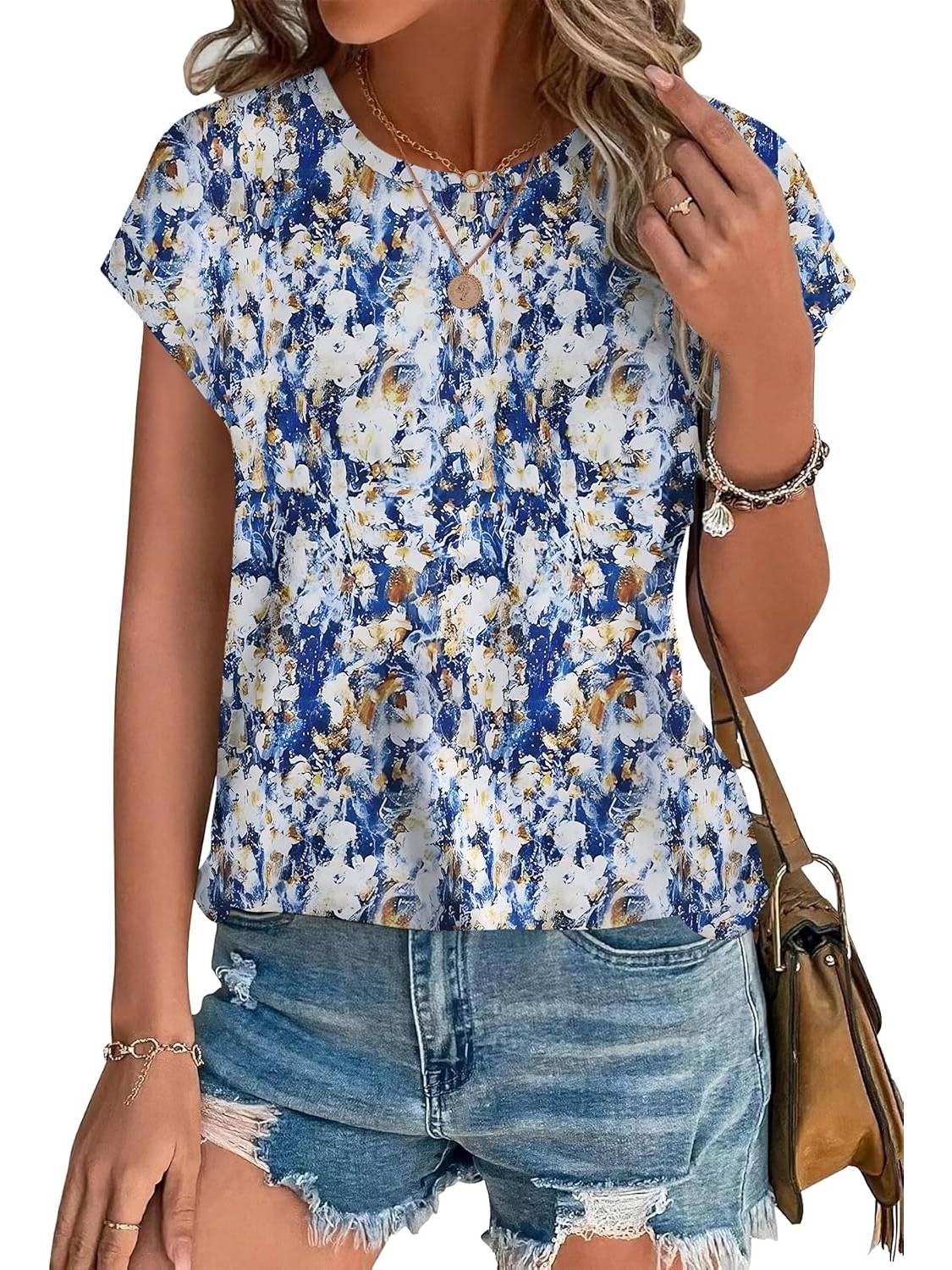 ✨Womens Printing Dressy Casual Cap Sleeve Tops with Curved Hem(Buy 3 Free Shipping)