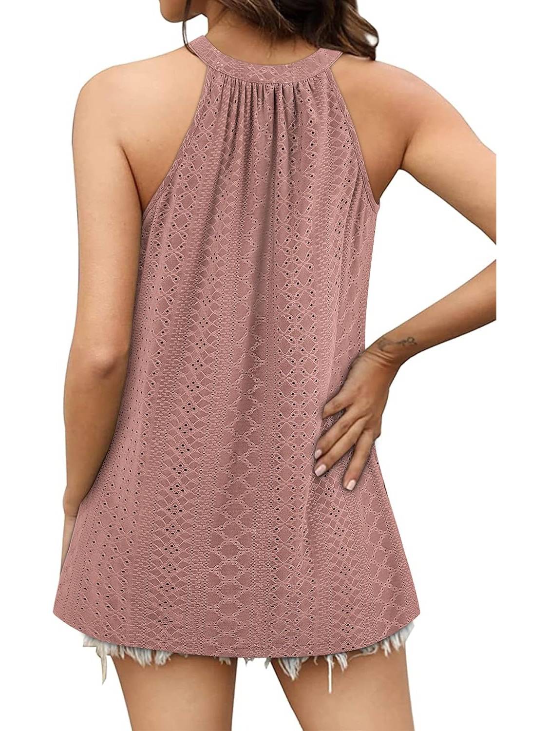 ✨Women Casual Pleated Eyelet Loose Fit High Neck Sleeveless Halter Tank Tops(Buy 3 Free Shipping)