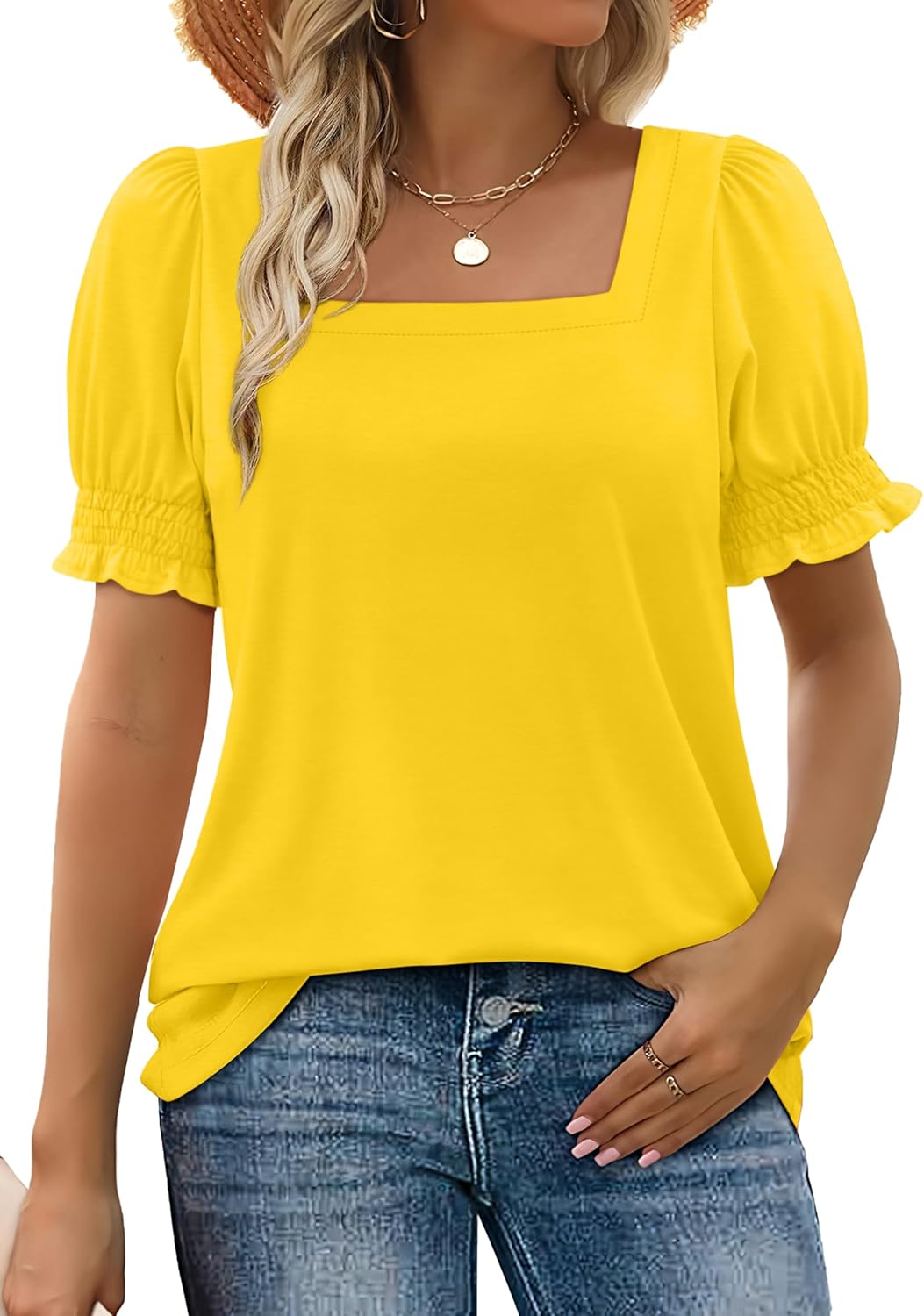 ✨Women's Square Neck  Smocked Sleeve T-Shirt Casual Top(BUY 3 FREE SHIPPING)