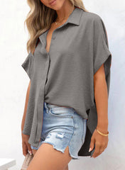 ✨Women's Casual Button Short Sleeve Slit Hem Shirt Solid Color Tops(BUY 3 FREE SHIPPING)