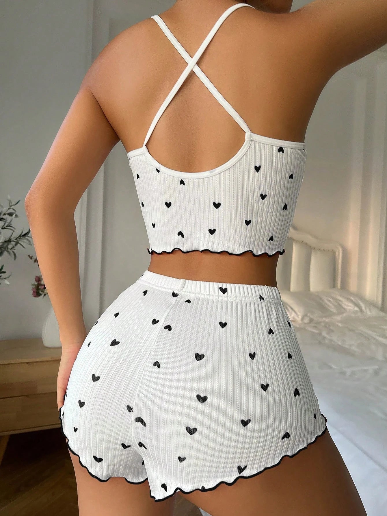 Heart Printed Bow Front Camisole Shorts Cross Back Pajama Set Black Bow