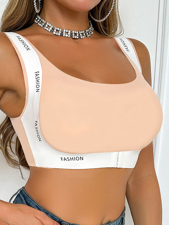 Front-Closure Wire-Free Push-Up Sports Bra Beige