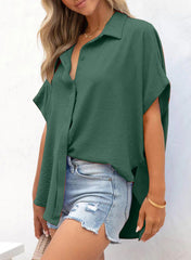 ✨Women's Casual Button Short Sleeve Slit Hem Shirt Solid Color Tops(BUY 3 FREE SHIPPING)