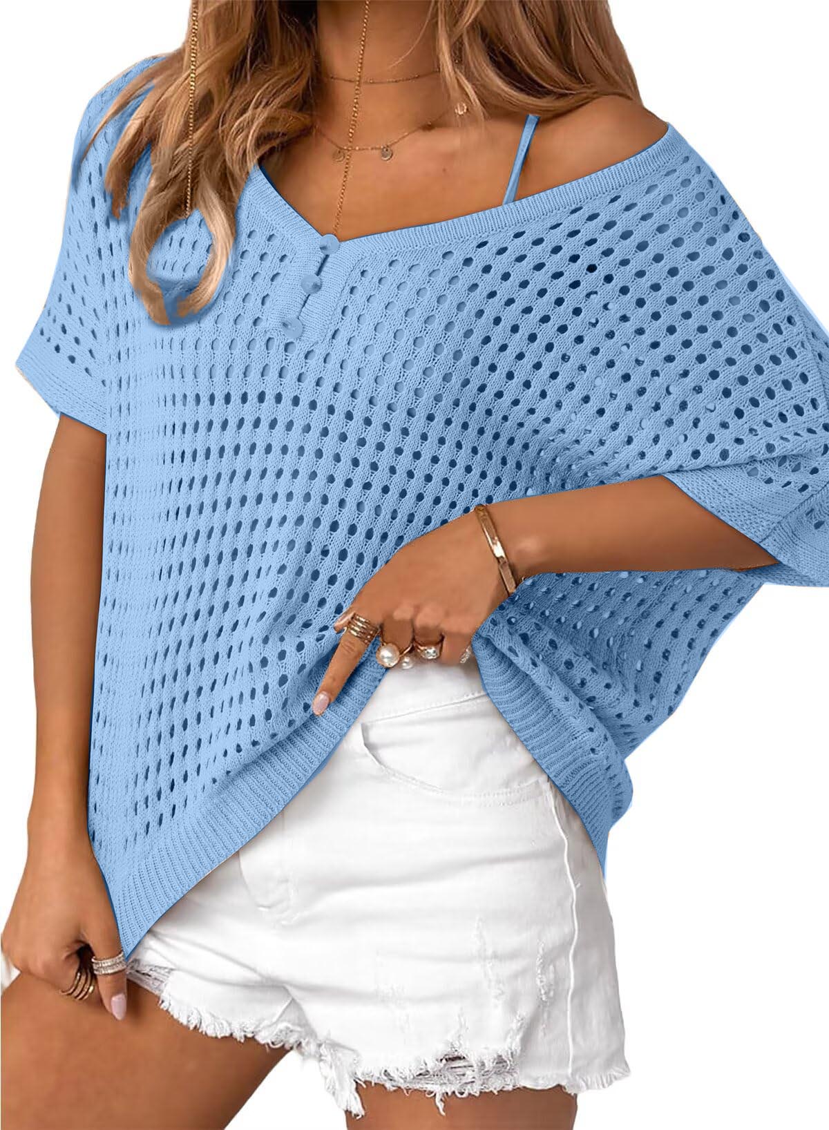 ✨Womens Summer V Neck Short Sleeve Button Down Sweater Casual Crochet Hollow Out Knit Tops Beach Coverup (Buy 2 Free Shipping!!!)