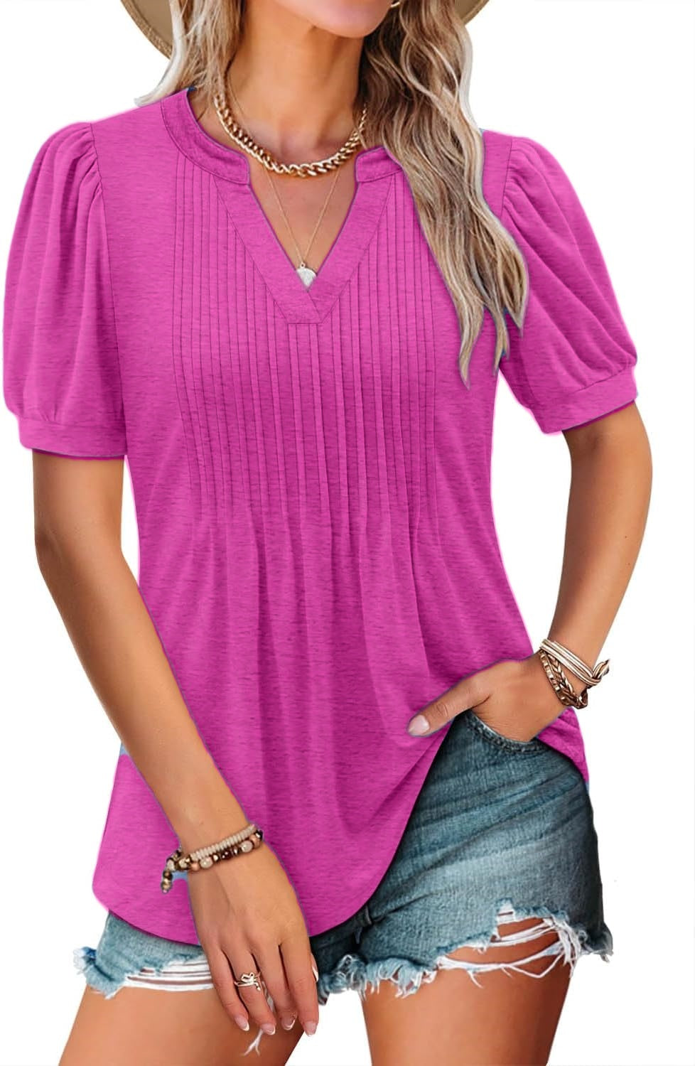 ✨Women's V-neck Loose Pleated Short-sleeved Waist Top(Buy 3 Free Shipping)