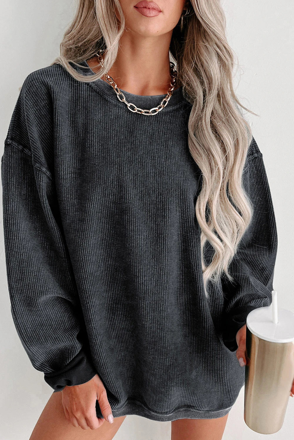 ✨ Women's Solid Color Ribbed Knit Round Neck Pullover Sweatshirt (Buy 2 Free Shipping)