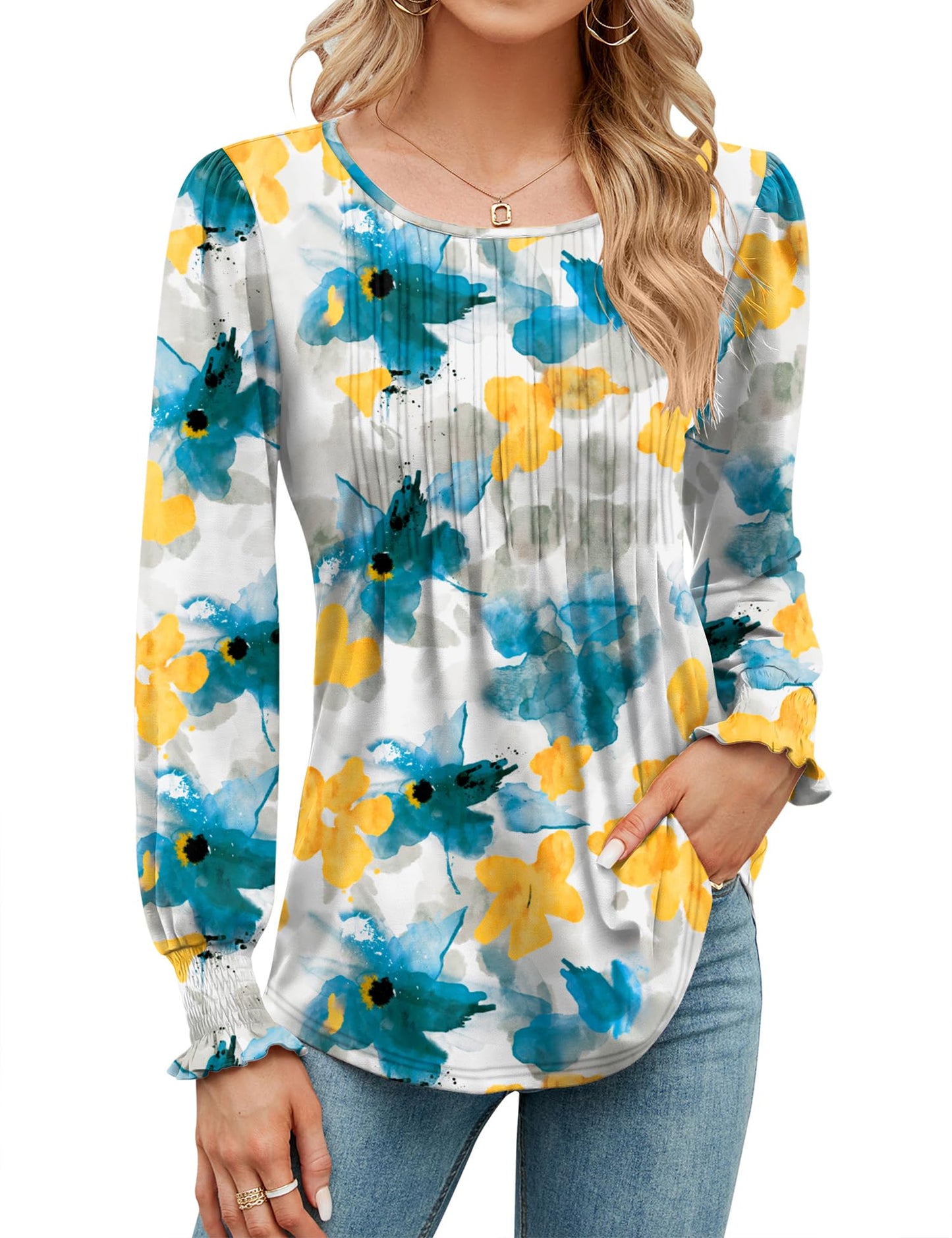 ✨Puff Long Sleeve Pleated Crew Neck Tunic Top (buy 3 free shipping!!!)