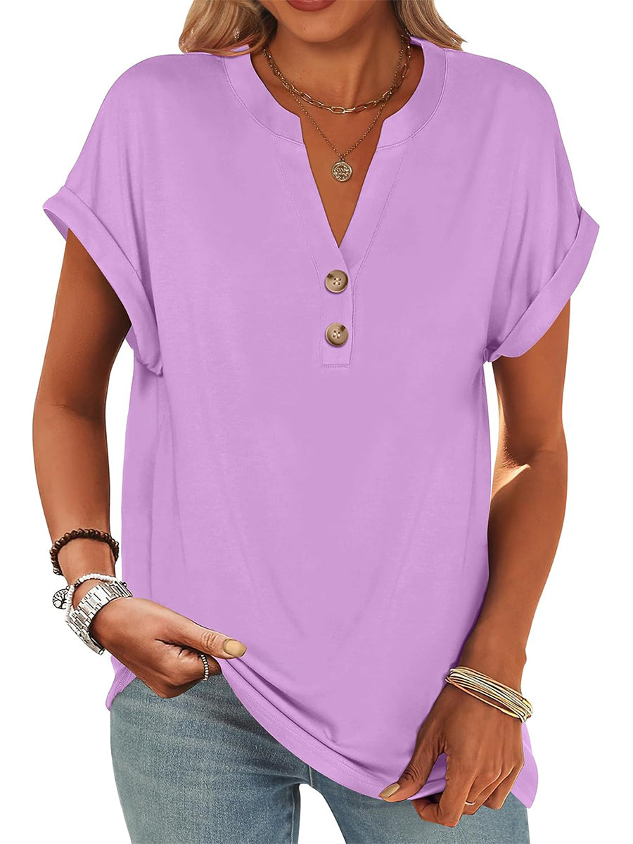 ✨Women's V Neck Button Casual Loose Fit Short Sleeve Henley Tops(buy 3 free shipping)