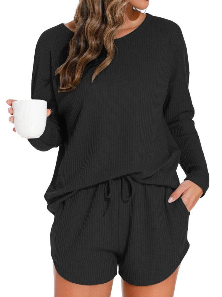 Waffle Knit Women's Pajamas Casual Set Wearable Loungewear Black