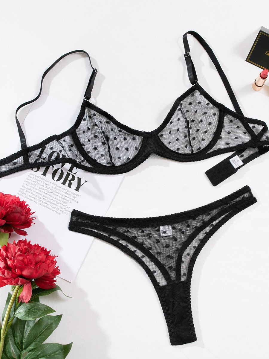 Sexy Polka Dot Half Cup Ultra Thin See Through Lingerie Set