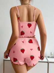 Strawberry Print Camisole And Shorts Pajamas Set
