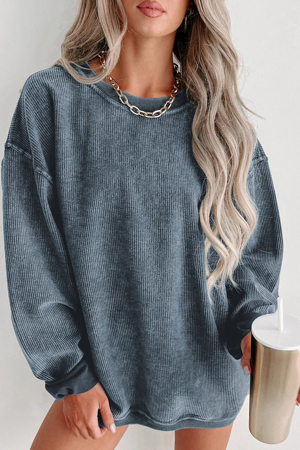 ✨ Women's Solid Color Ribbed Knit Round Neck Pullover Sweatshirt (Buy 2 Free Shipping)