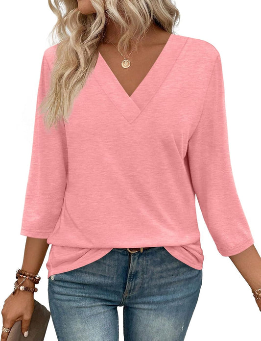 ✨Flash Sale Women's Trendy V Neck 3/4 Long Sleeve Tops Loose Fit Blouse (Buy 3 Free Shipping)
