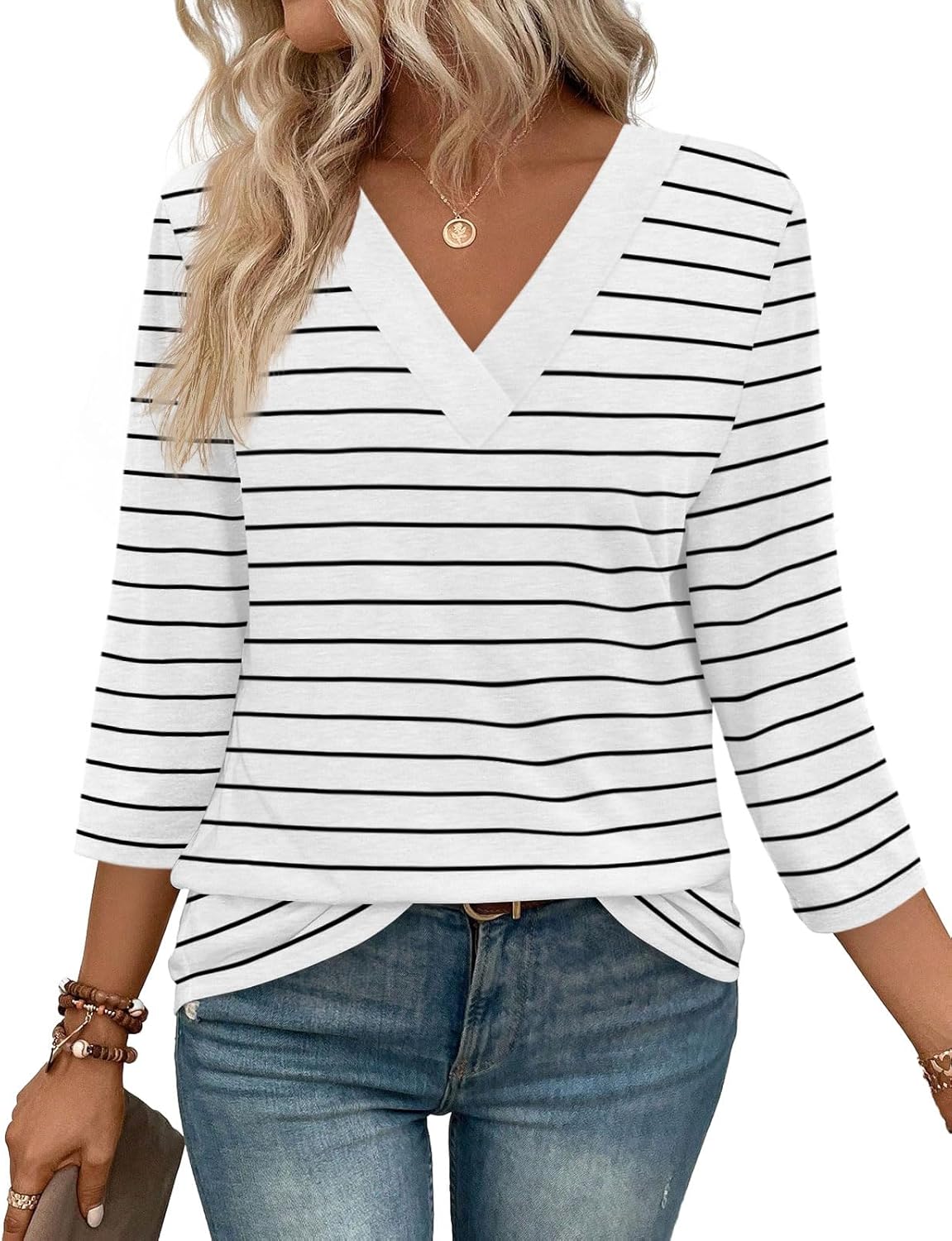 ✨Women's Trendy V Neck 3/4 Long Sleeve Tops Loose Fit Blouse (Buy 3 Free Shipping)
