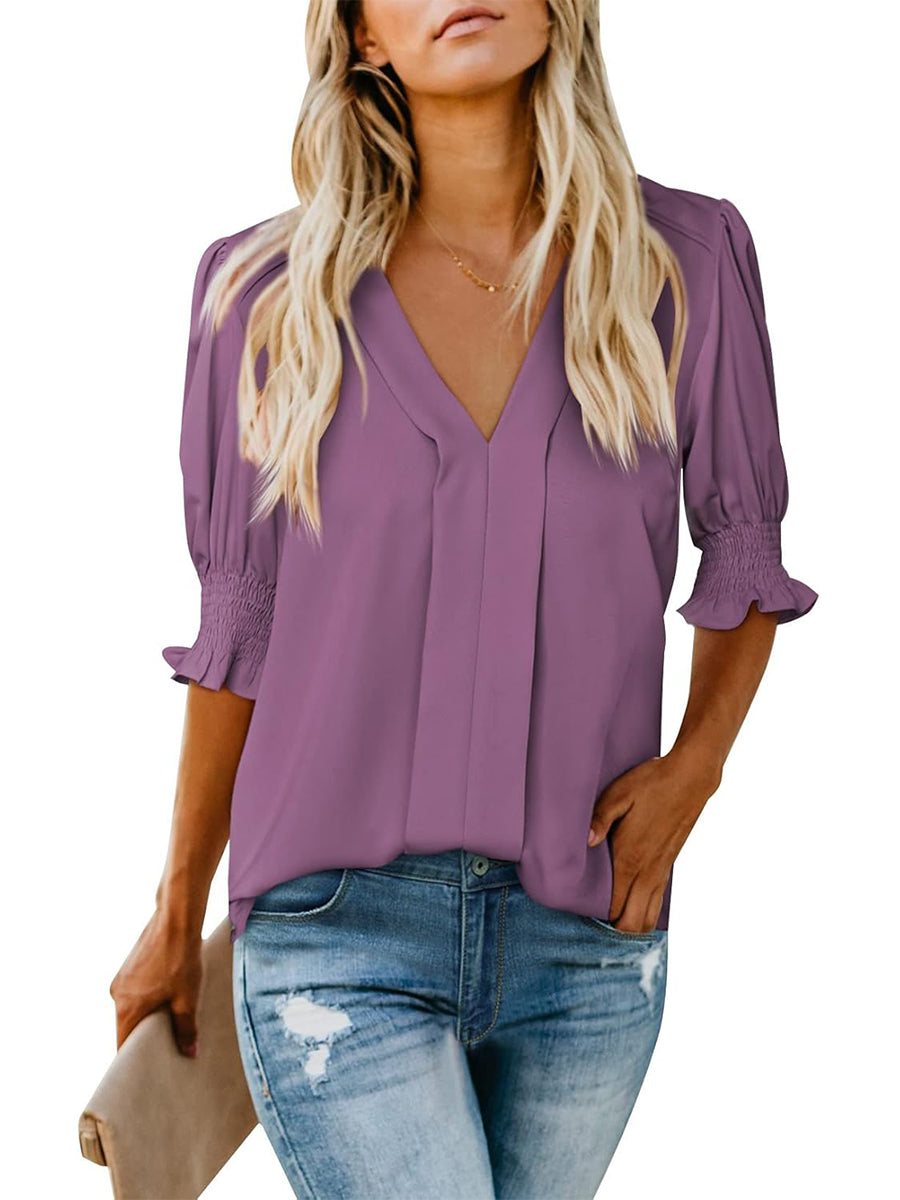 ✨Women's V Neck Dressy Puff Ruffle Blouse Casua Short Sleeve Tops(BUY 2 FREE SHIPPING)