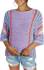 ✨Hot Sale-Women's Casual Color Block Striped Cable Knit Boho Sweater(Buy 2 Free Shipping)