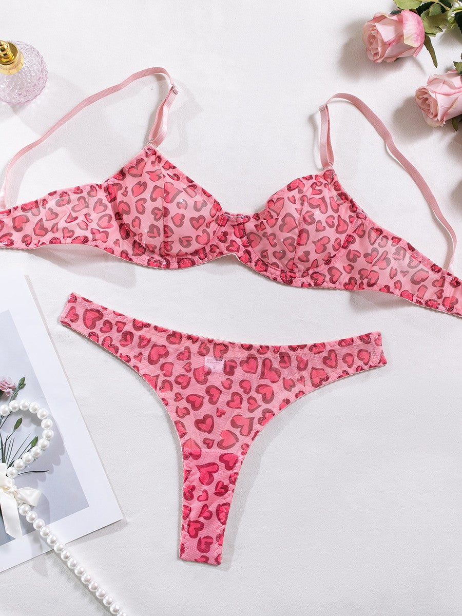 Sexy Polka Dot Half Cup Ultra Thin See Through Lingerie Set leopard print