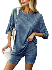 Fashionable Ribbed Knitted T-shirt Shorts Pajamas Home Clothes 2-piece Set Blue