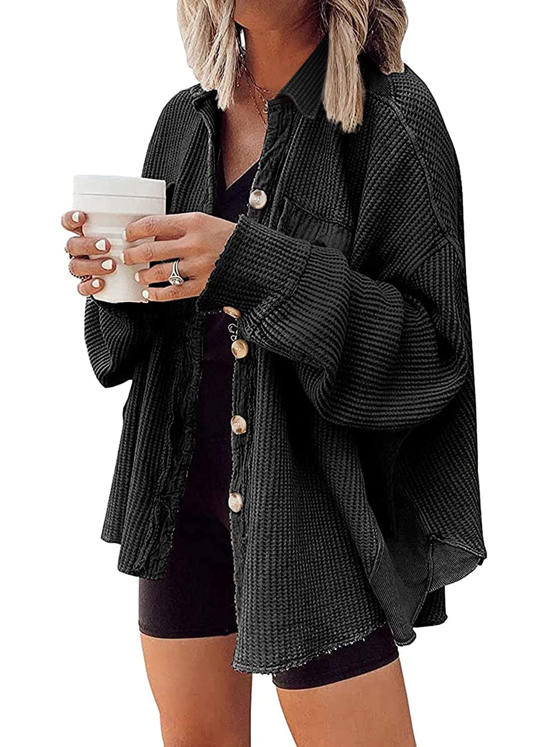 ✨Women's Loose Fit Batwing Sleeve Waffle Knit Button Down Shirt Shacket Tops