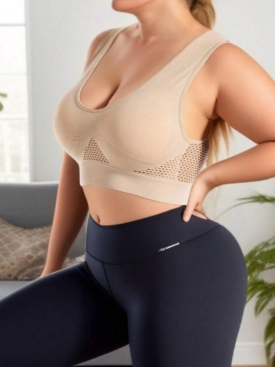 Ventilate Mesh Medium Support Plus Size Wireless Sports Bra Tan