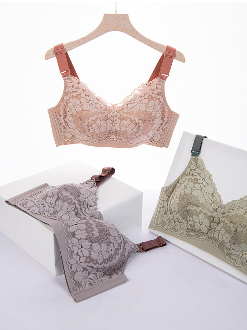 Plus Size Large Cup Lace Non-Steel Ring Maternity Nursing Bra VioletRed